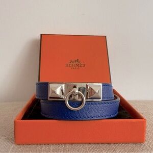 Hermes jewel tone leather silver hardware Rivale Double Tour Bracelet